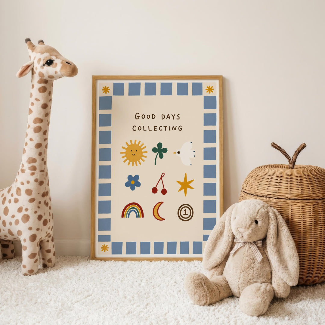 a giraffe and a stuffed rabbit, both placed on a white carpeted floor. In the background, there is a framed poster with illustrations of various objects, including a sun, flowers, a clock, and a rabbit.