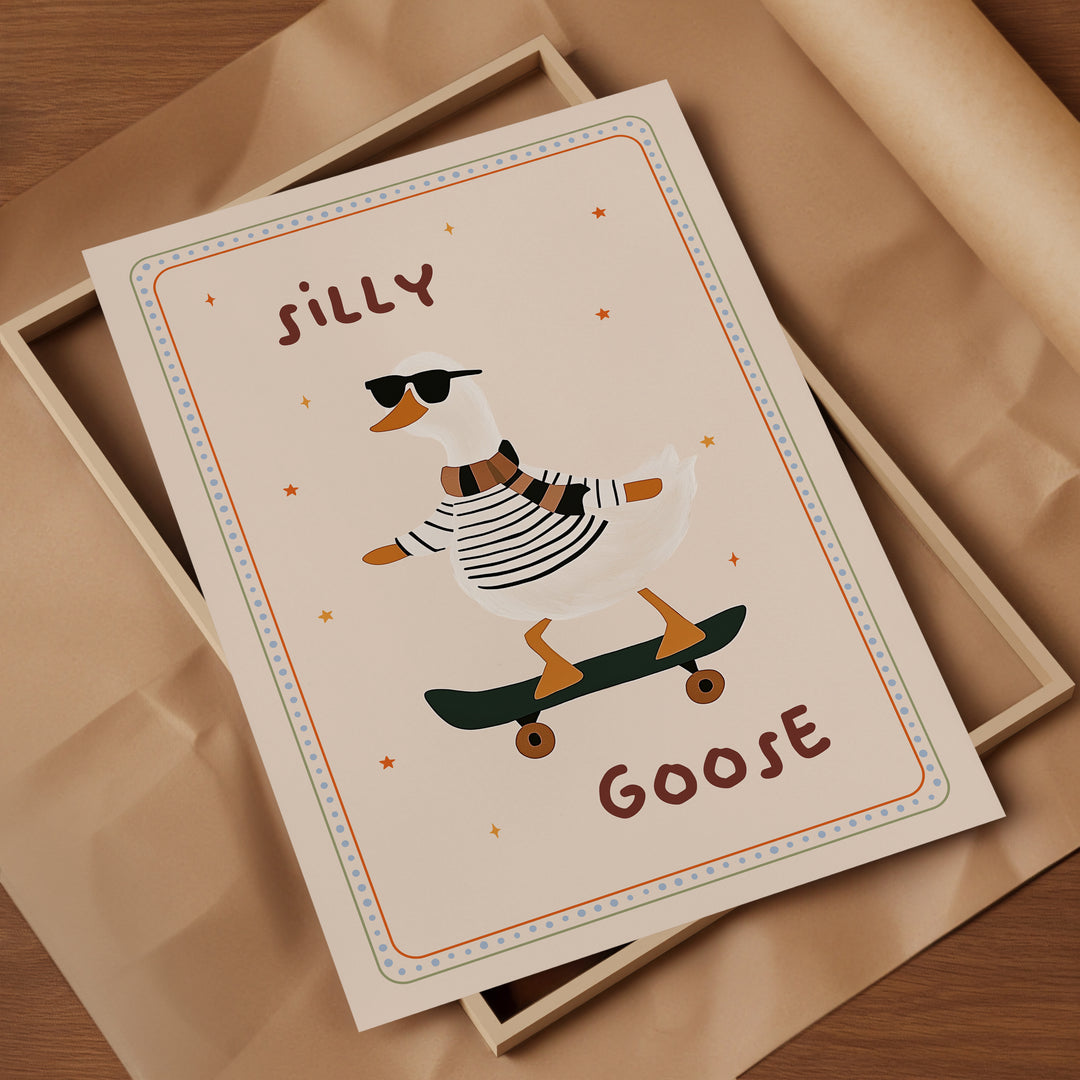 a card with a picture of a duck on a skateboard