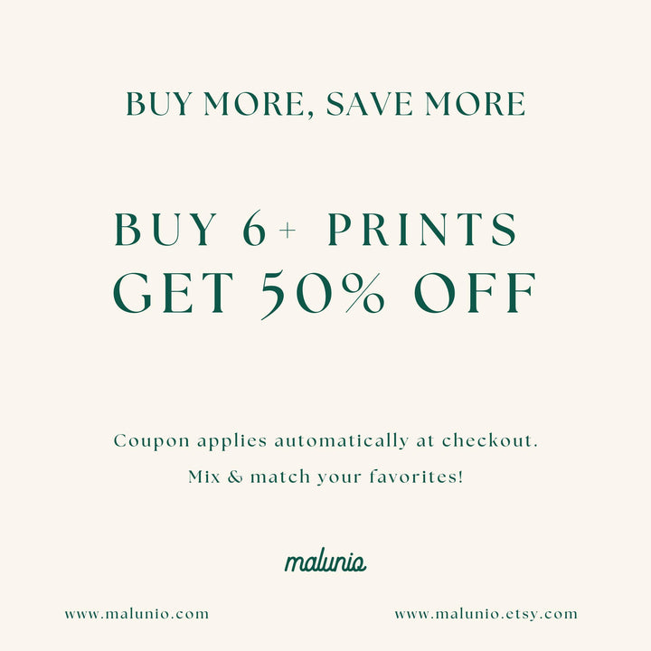 an advertisement for a print shop with the text buy 6 prints get 50 % off