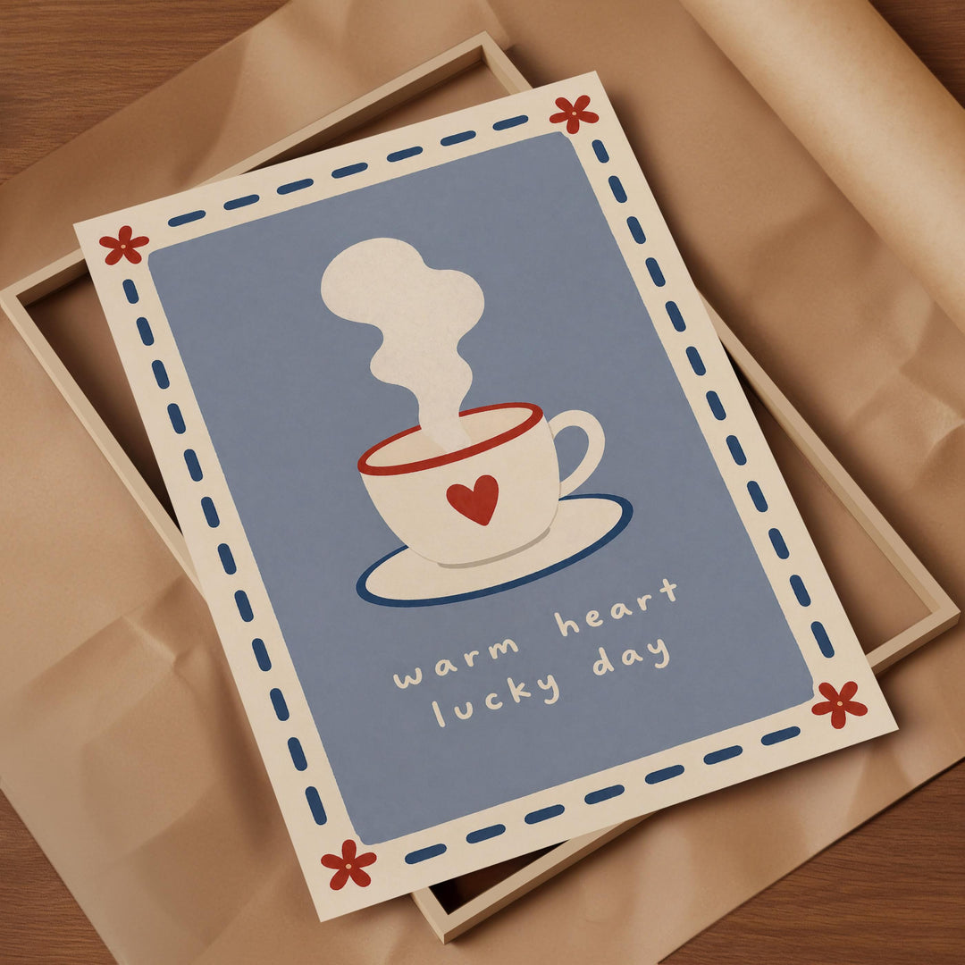 A greeting card with a cup of coffee and steam, along with the text "Warm heart lucky day" written on it.