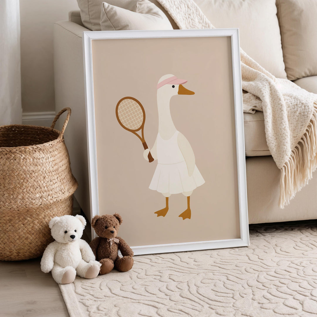 a picture of a duck with a tennis racket and a teddy bear