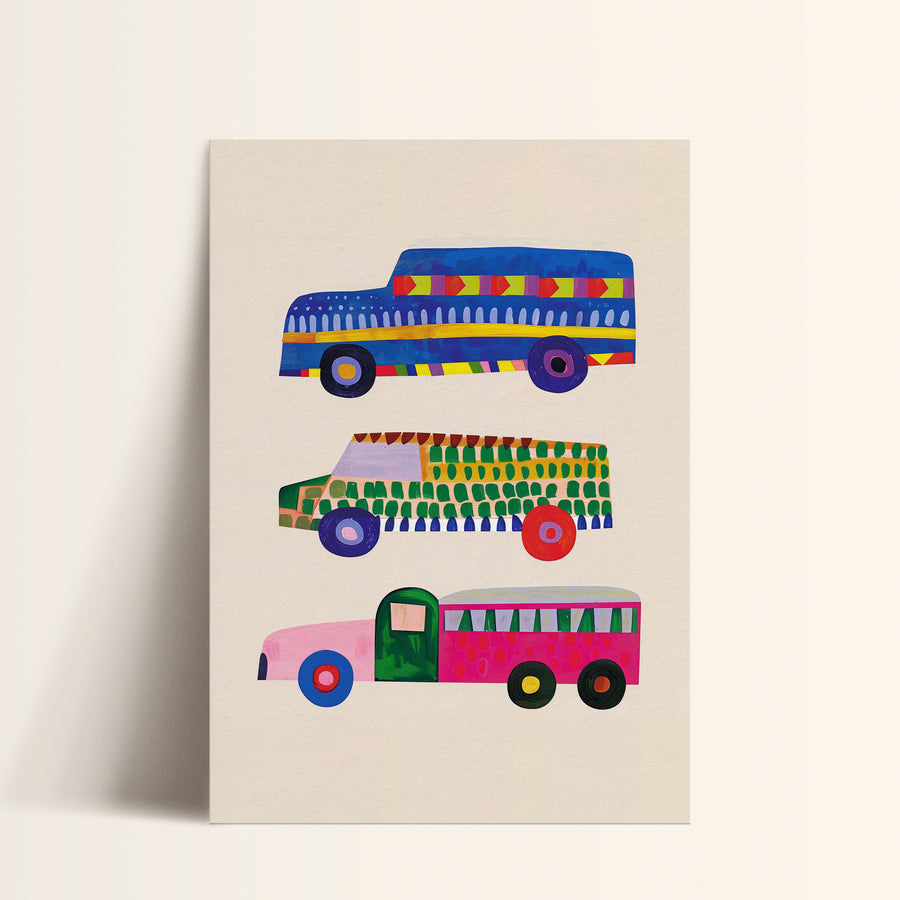 a painting of three buses on a white background