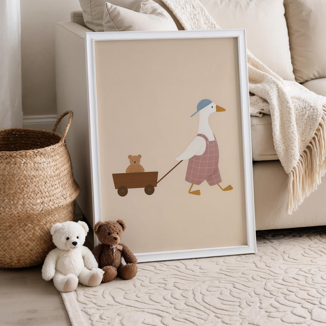 a picture of a duck pulling a wagon with a teddy bear