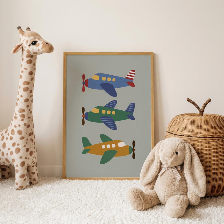 a giraffe, a stuffed rabbit, and a wicker basket, all placed on a white carpet.