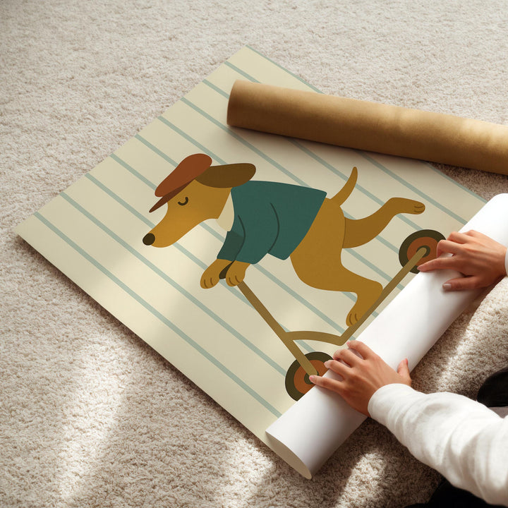 a child is playing with a dog on a roll of paper