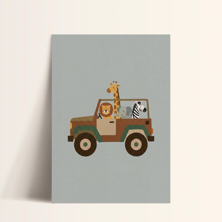 A giraffe and a lion are depicted in a safari vehicle, with the giraffe standing on the roof and the lion sitting in the front seat.