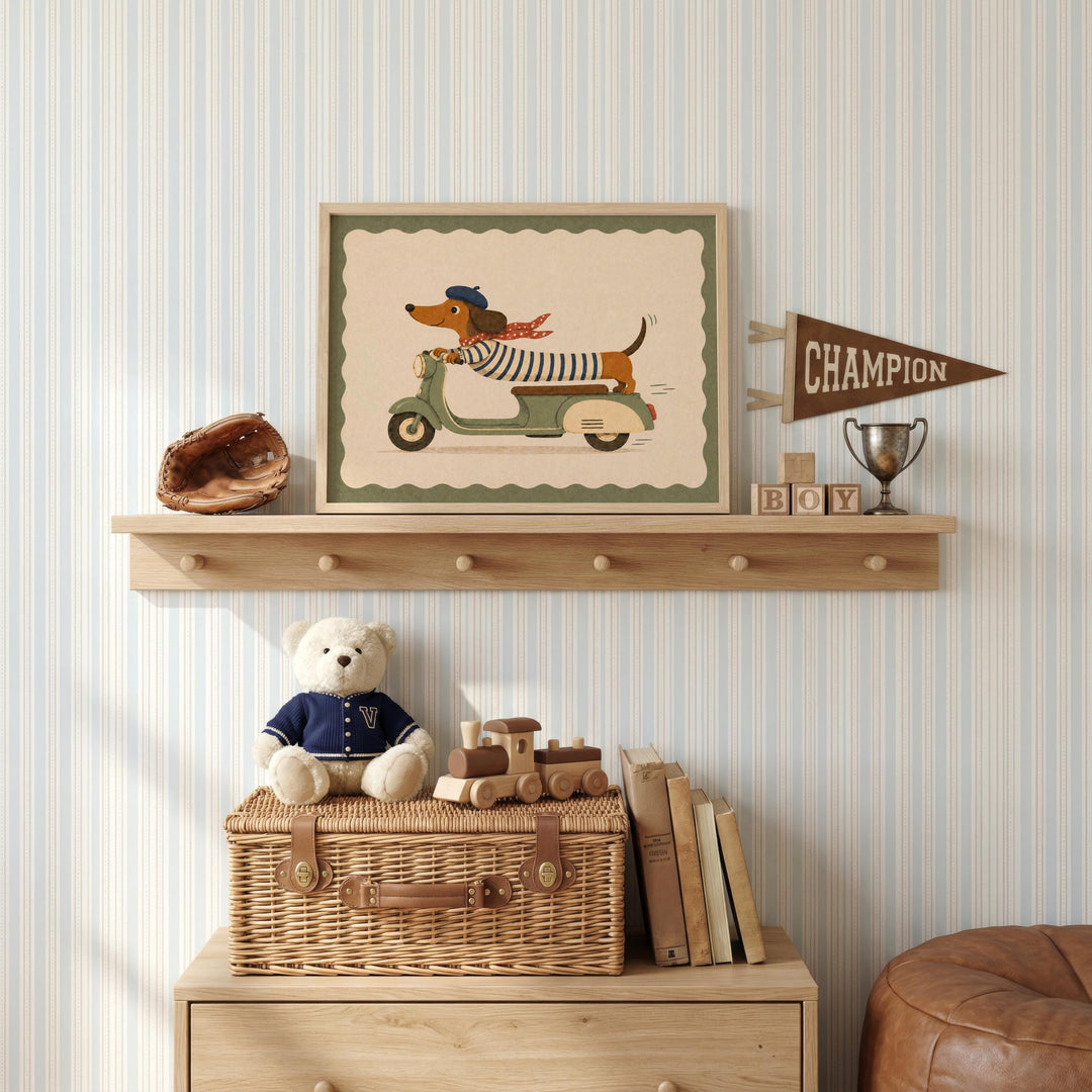 a shelf with a framed picture of a dog riding a moped, a teddy bear, a wooden toy train, and a trophy. The shelf is also decorated with a baseball glove, a teddy bear, and a "CHAMPION" sign.