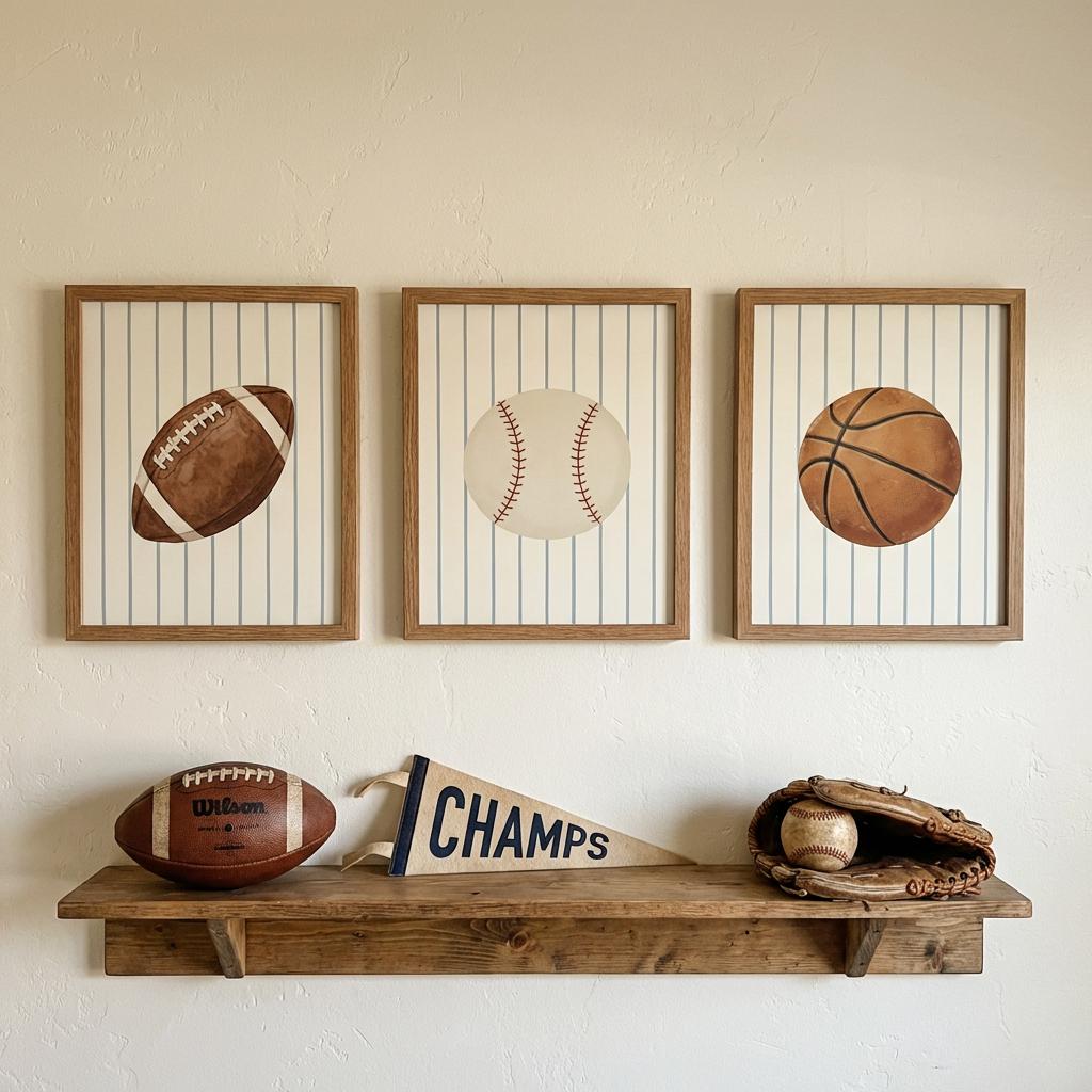 Vintage Sports Nursery Print Set of 3 | Baseball, Basketball & Football Boys Room Art
