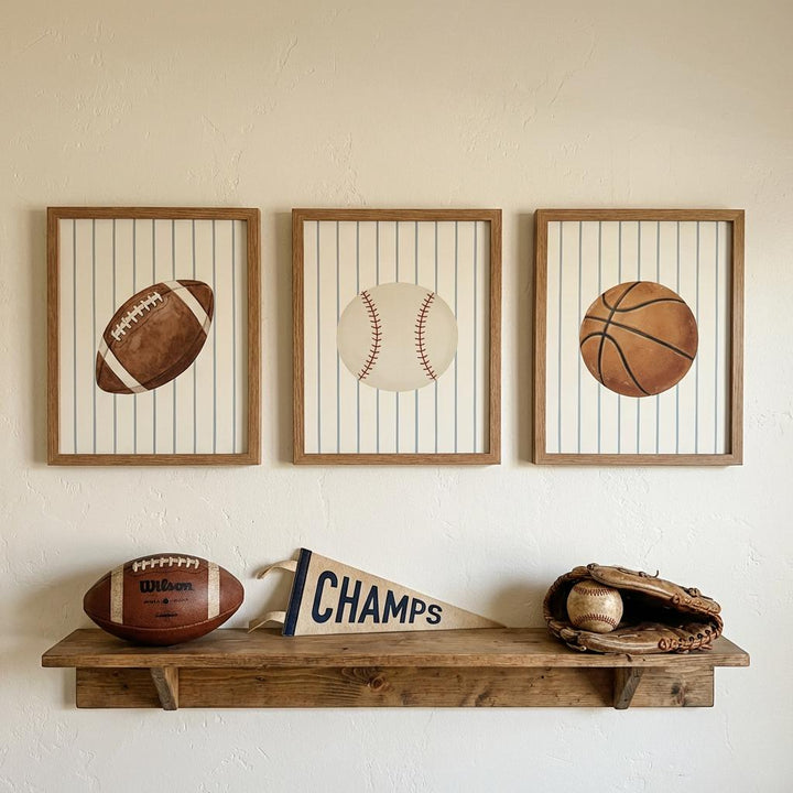 Vintage Sports Nursery Print Set of 3 | Baseball, Basketball & Football Boys Room Art