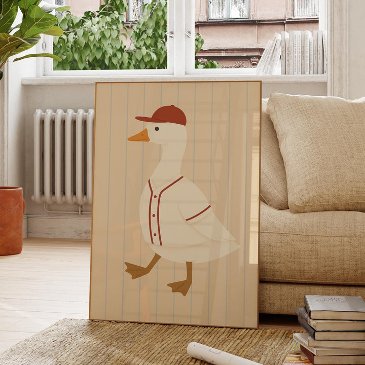 a picture of a duck in a baseball uniform