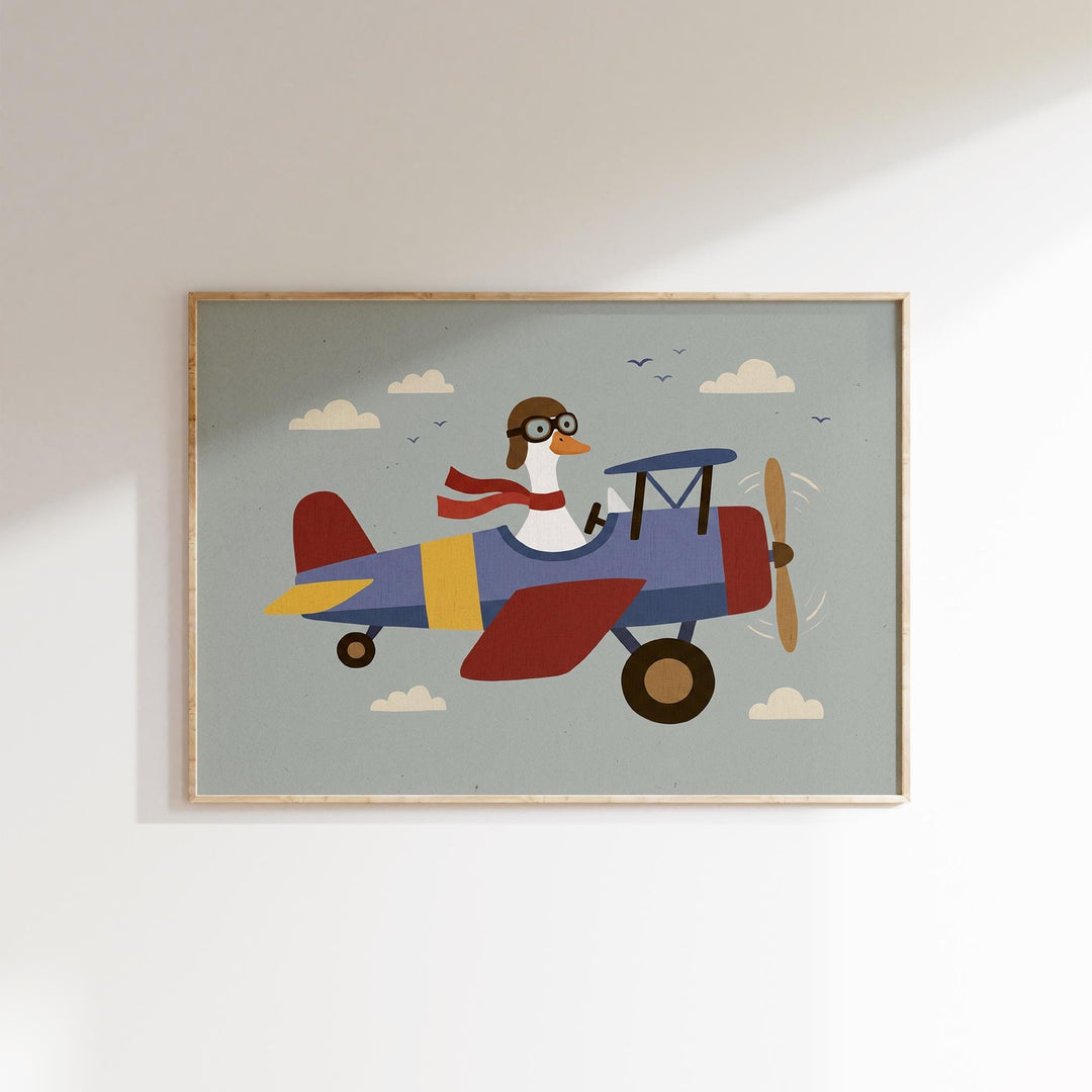 A colorful illustration of a duck wearing a pilot's hat and flying a small airplane with a propeller.