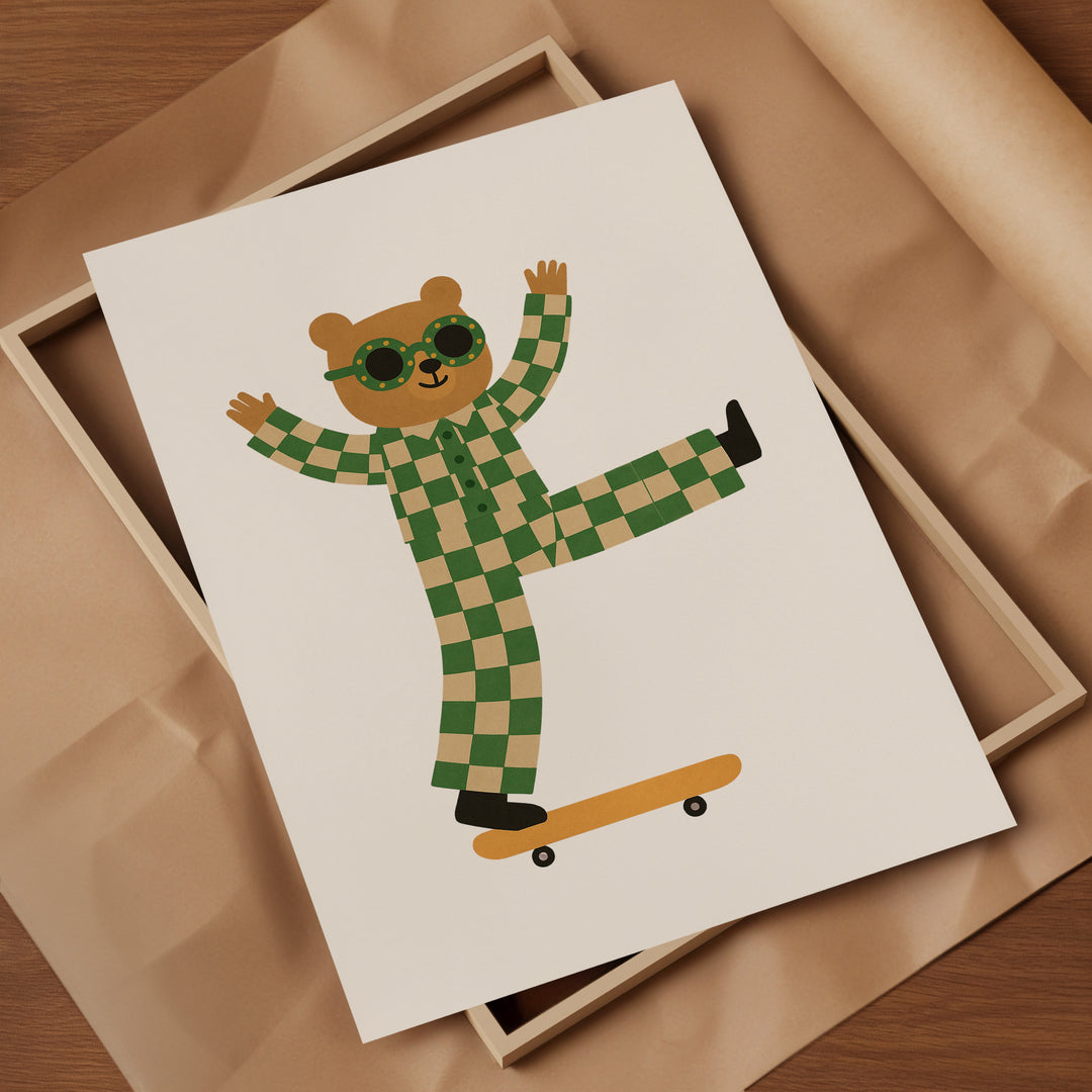 a card with a picture of a teddy bear on a skateboard