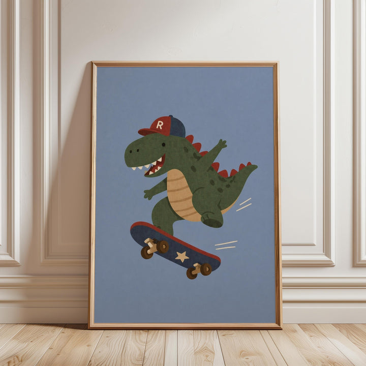 A framed illustration of a green dinosaur riding a skateboard against a blue background.