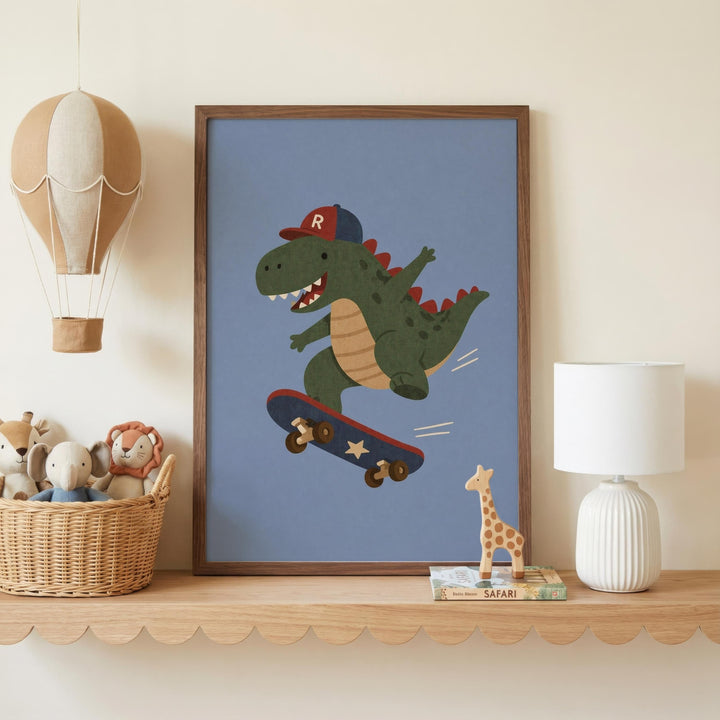 a framed illustration of a dinosaur riding a skateboard, with a toy giraffe and a hot air balloon in the background.