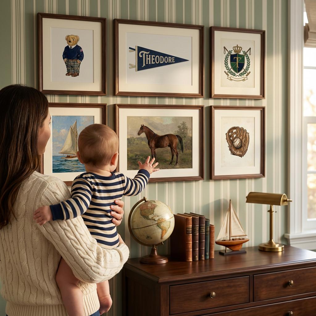 Ralph Bear Nursery Wall Art Set of 6, Custom Preppy Gallery Wall, Personalized Pennant Name Print, Classic Boys Room Decor