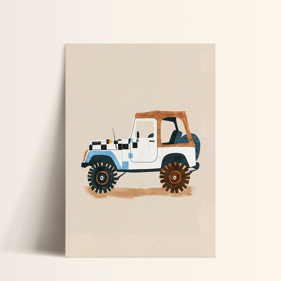 a painting of a white jeep with a brown roof