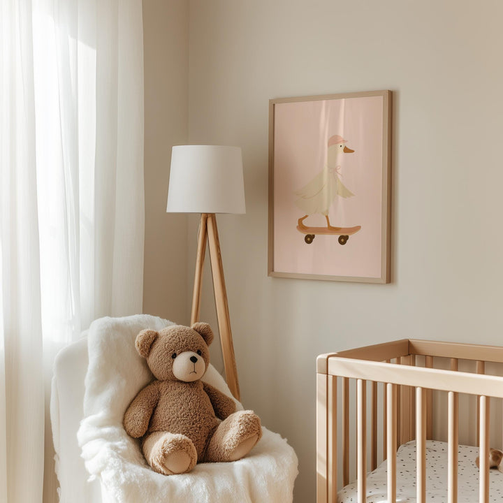 a teddy bear sitting in a chair next to a crib