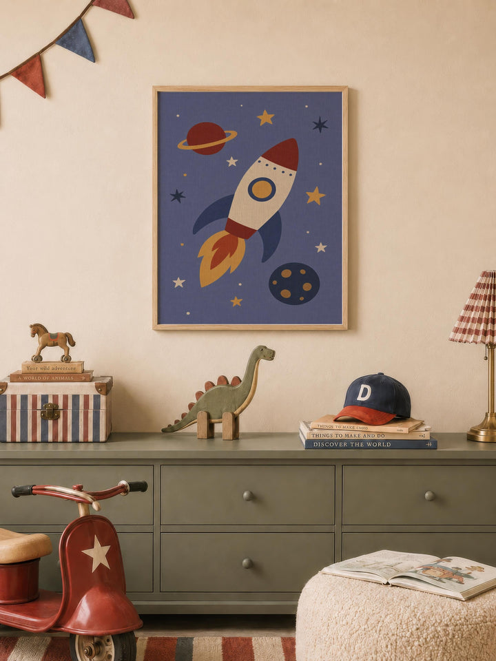 a child's bedroom with a framed picture of a rocket ship on the wall, a toy dinosaur, a toy horse, a stack of books, and a red toy scooter.