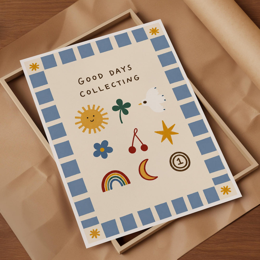 The image is a framed poster with a cheerful and colorful design, featuring various symbols such as a sun, flowers, stars, and a bird. The text on the poster reads "Good Days Collecting".