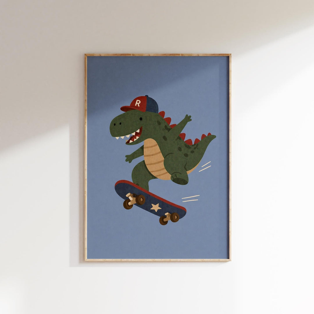 A framed illustration of a green dinosaur riding a skateboard against a blue background.