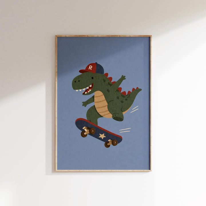 A framed illustration of a green dinosaur riding a skateboard against a blue background.
