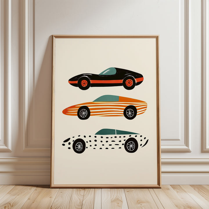 a picture of a car and a surfboard on a wall
