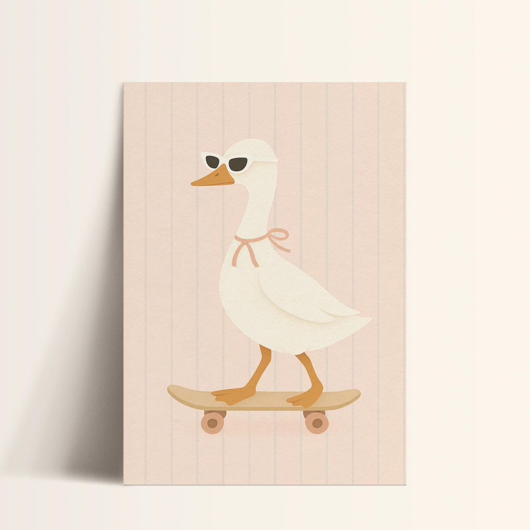 a card with a picture of a duck on a skateboard