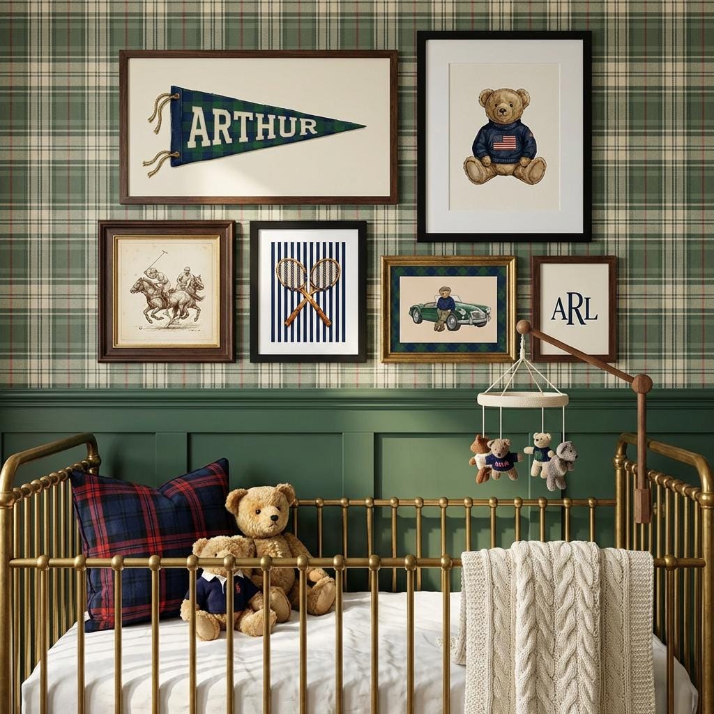 Personalized Preppy Nursery Art, Ralph Teddy Bear, Vintage Sports Kids Room