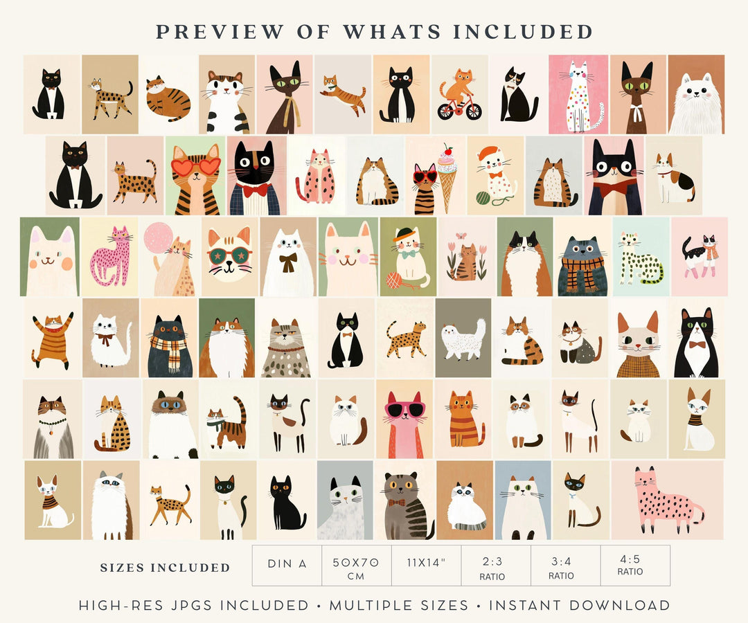 70 Playful Cat Wall Art Prints Bundle