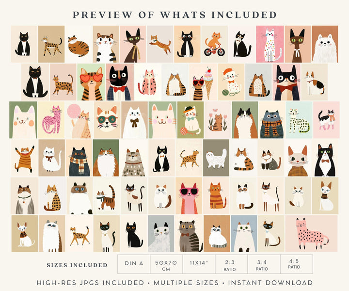 70 Playful Cat Wall Art Prints Bundle