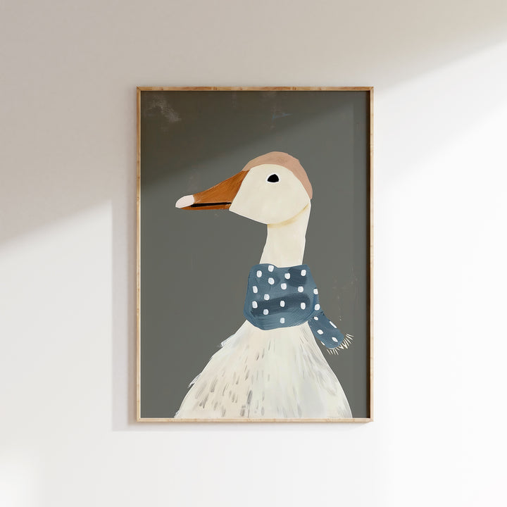 a painting of a duck wearing a blue shirt
