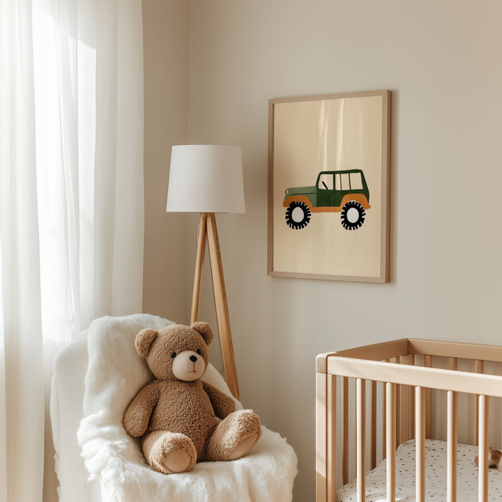 a teddy bear sitting in a chair next to a crib
