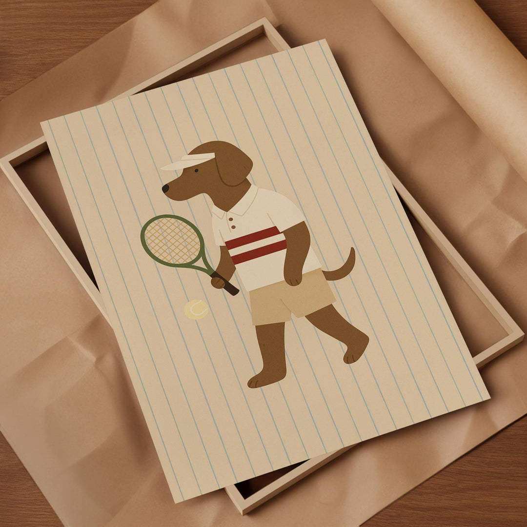 a card with a dog holding a tennis racket