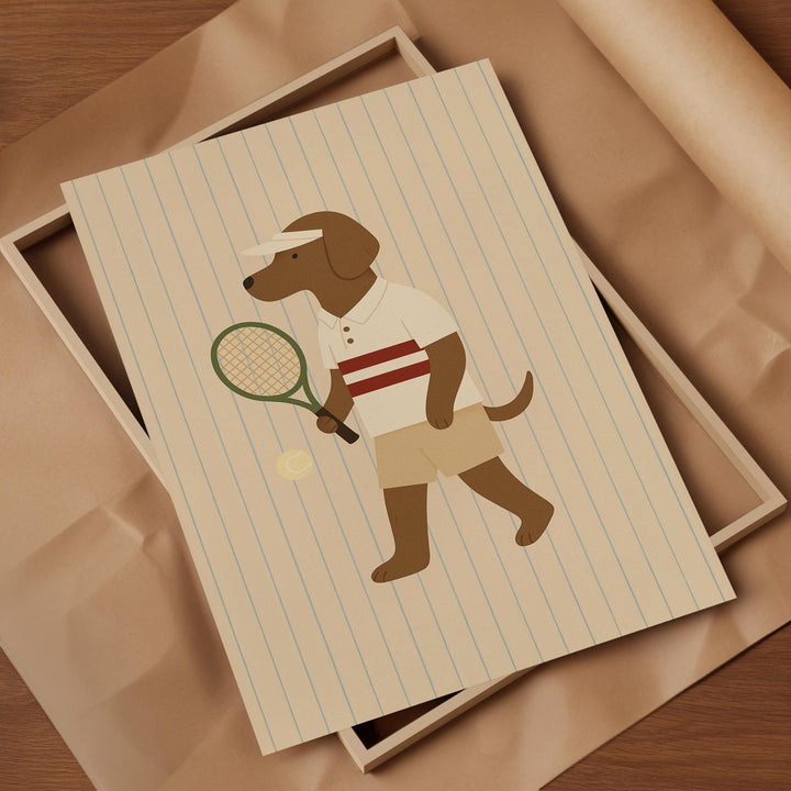 a card with a dog holding a tennis racket