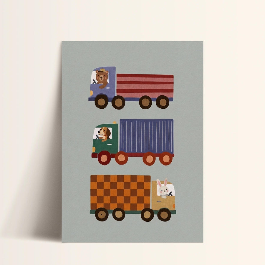 The image is a collage of three colorful toy trucks, each with a different animal inside.