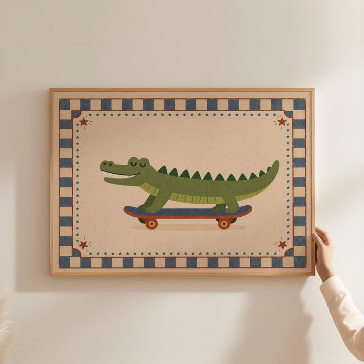 A person is holding a framed picture of a green alligator riding a skateboard.