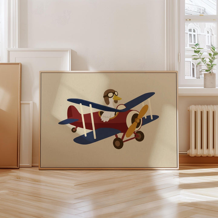 A framed illustration of a cartoon airplane with a dog piloting it, set against a beige background.
