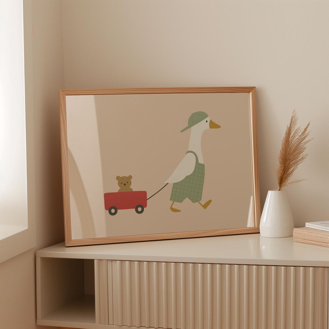 a picture of a duck pulling a bear on a red wagon