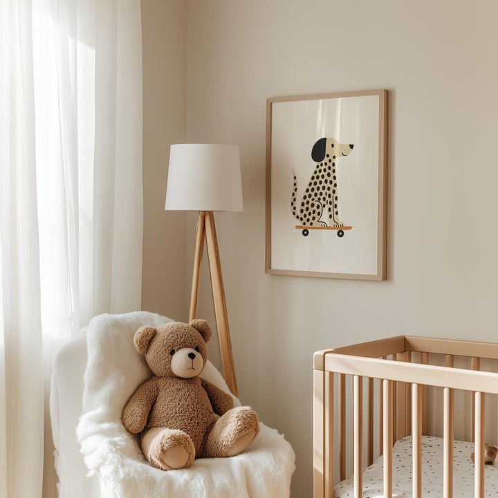 a teddy bear sitting in a chair next to a crib