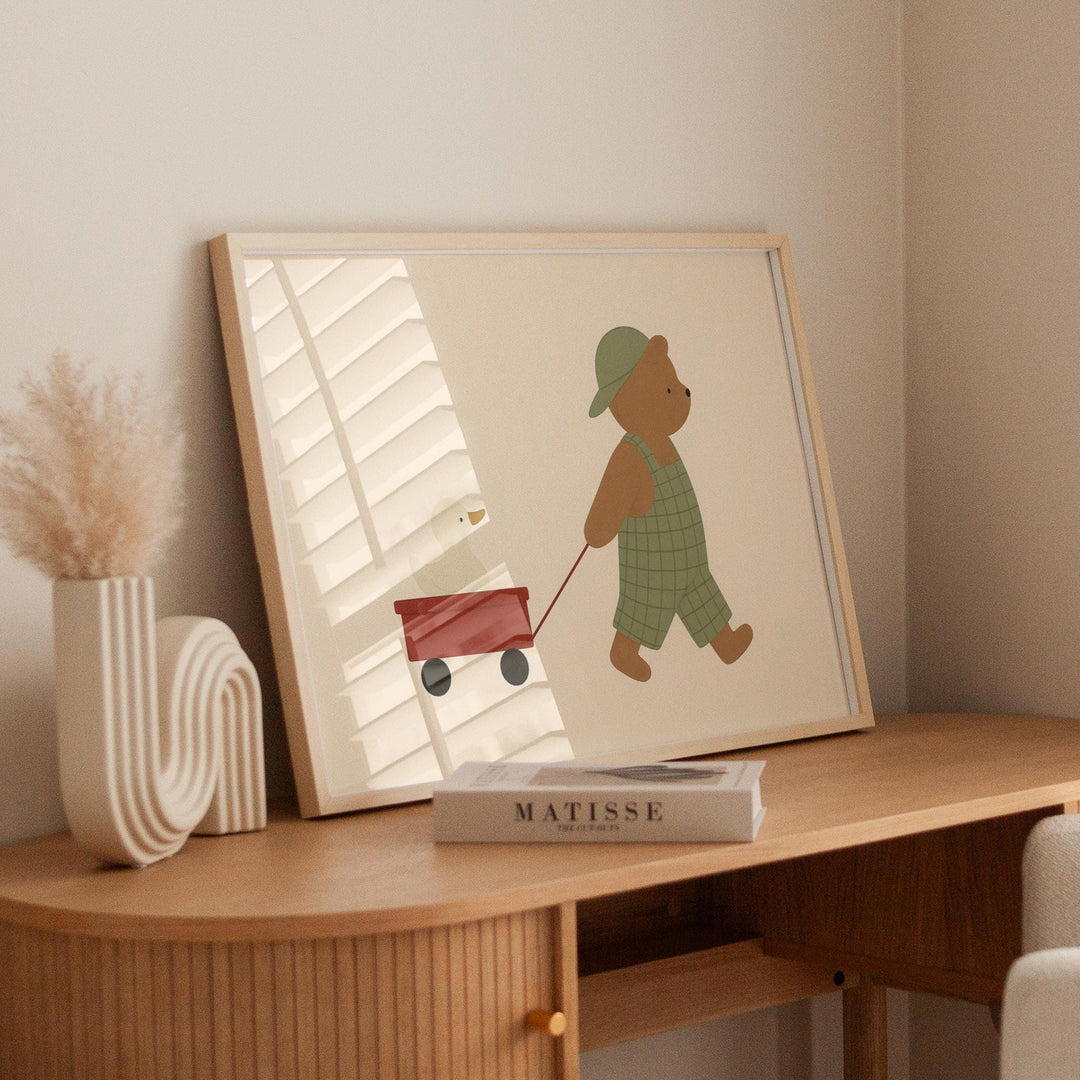 a picture of a teddy bear pulling a wagon