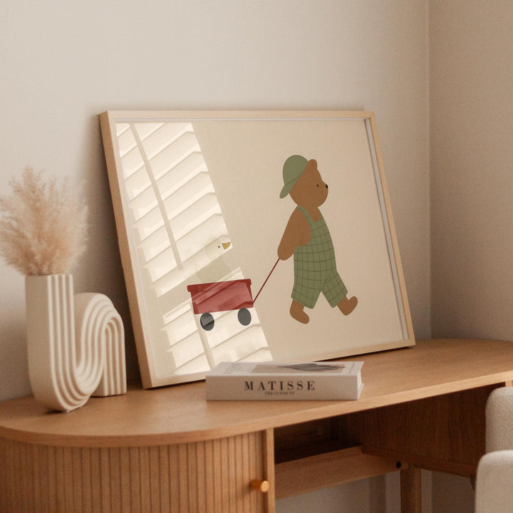 a picture of a teddy bear pulling a wagon