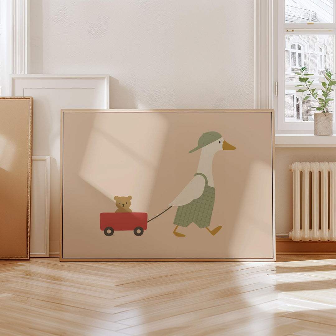 a picture of a duck pulling a teddy bear on a red wagon