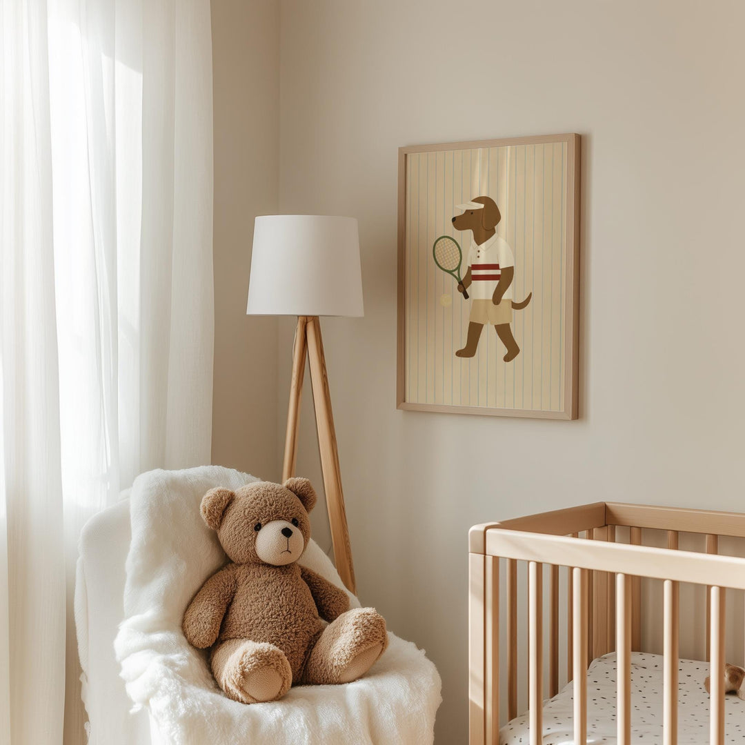 a teddy bear sitting in a chair next to a crib