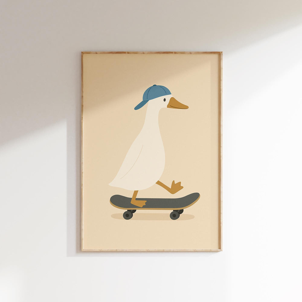 a picture of a duck riding a skateboard