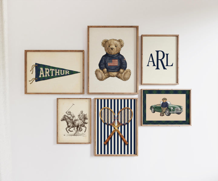 Personalized Preppy Nursery Art, Ralph Teddy Bear, Vintage Sports Kids Room