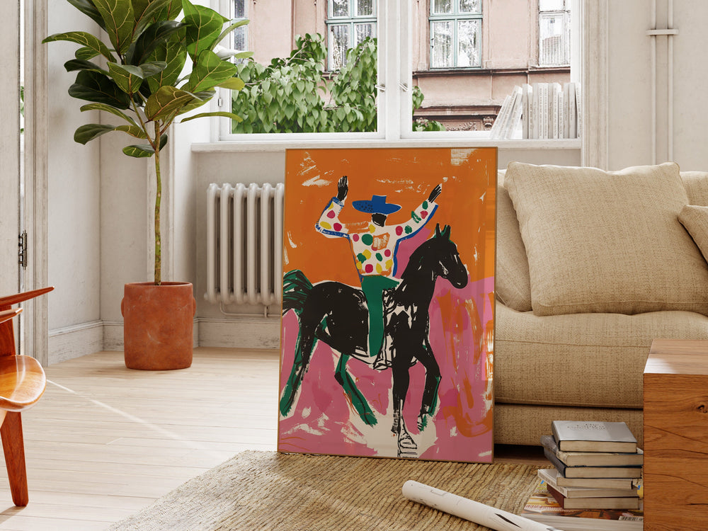 a painting of a man riding a horse in a living room