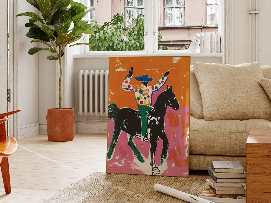 a painting of a man riding a horse in a living room