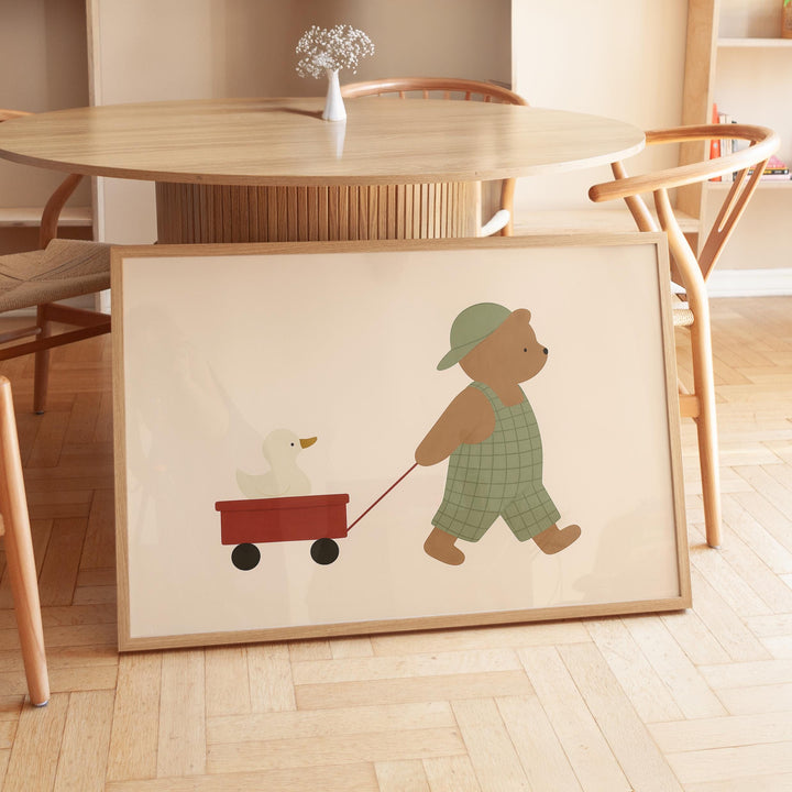 a picture of a teddy bear pulling a wagon
