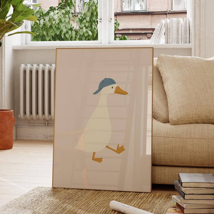 a picture of a duck with a blue hat