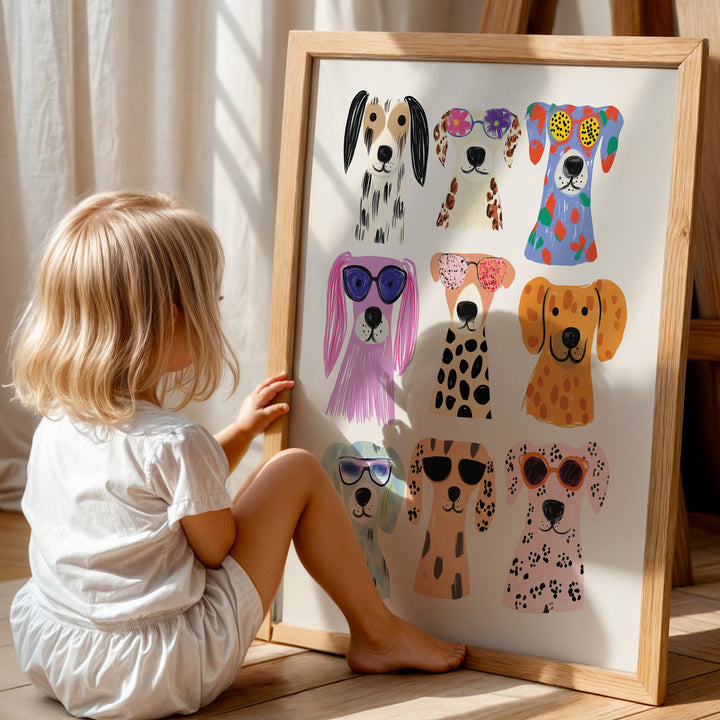 a little girl sitting in front of a picture of dogs